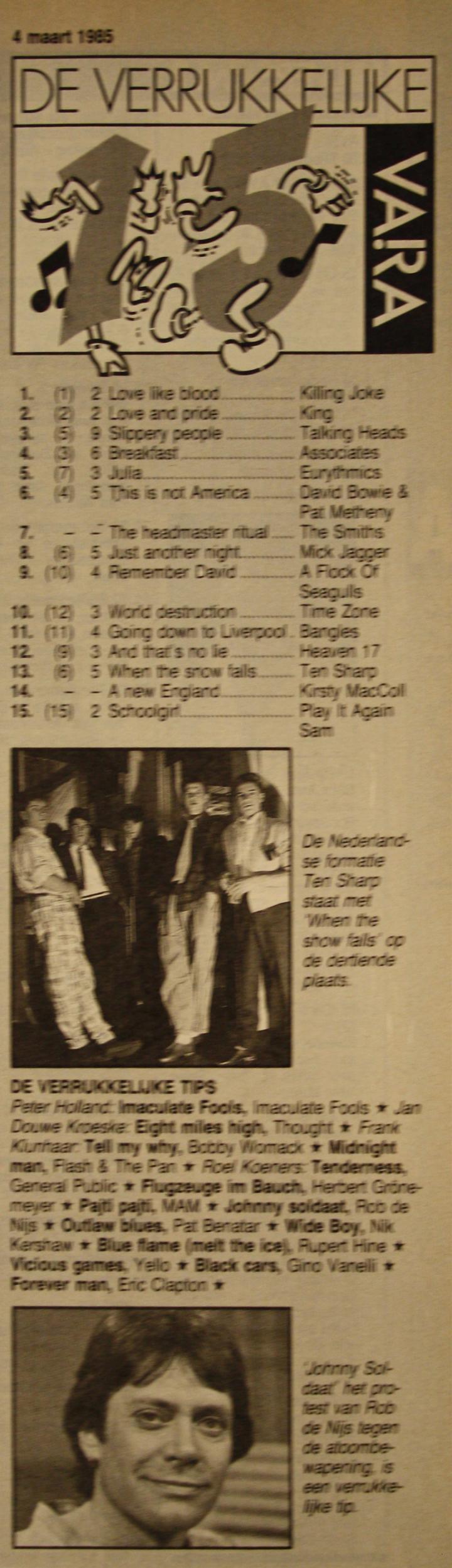 De Verrukkelijke 15 van 5 maart 1985, afgedrukt in de VARA-gids